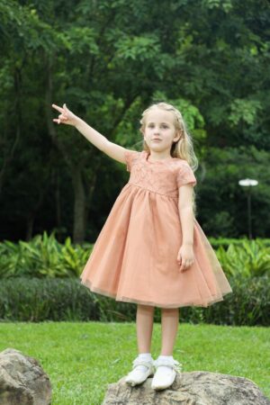 Long Elegant lace Tulle Dress with belt for Girls