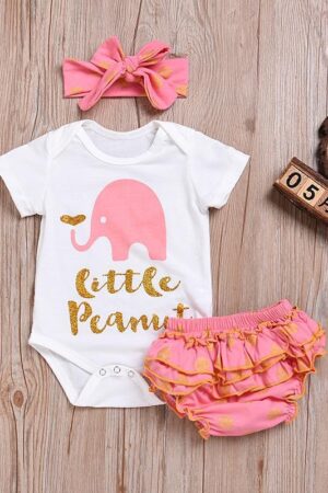 3-piece pink little peanut onesie, romper with headband summer outfit